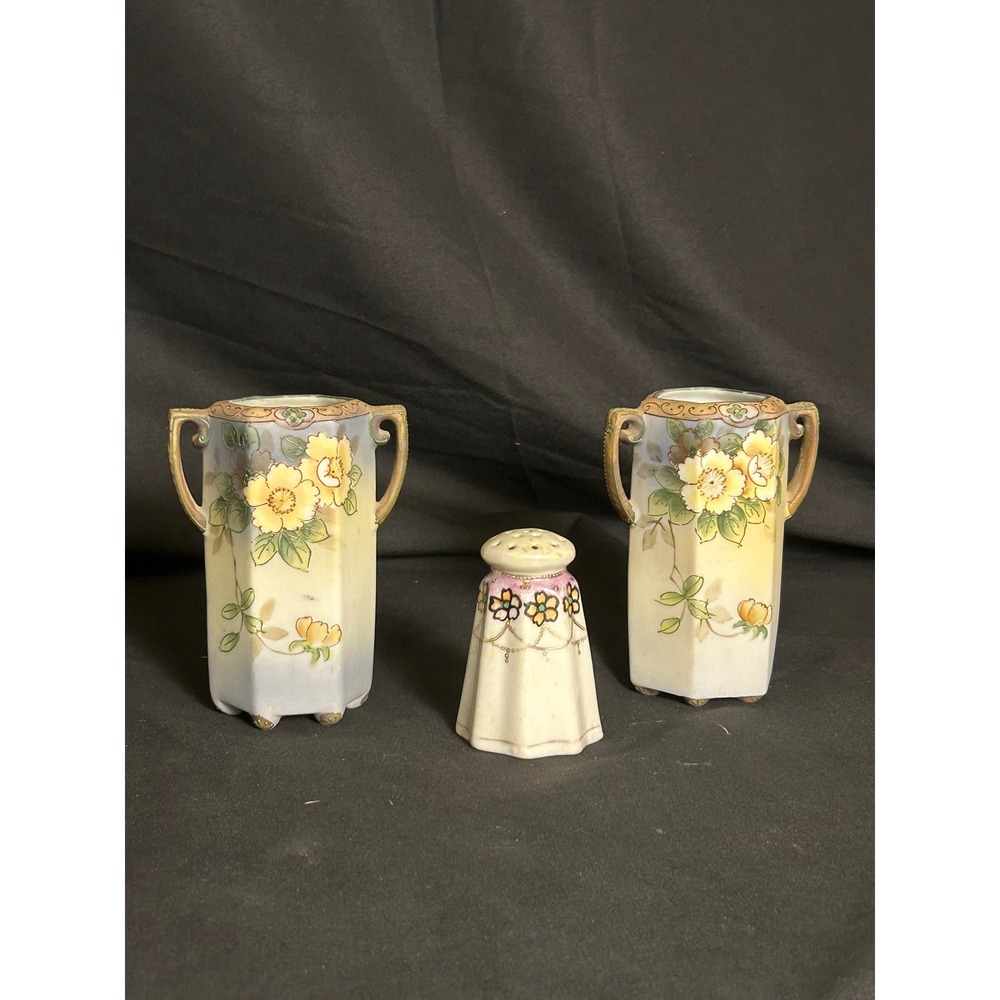 Nippon Hand Painted Porcelain Salt and Pepper Shakers Set 3pc Floral Gold Blue